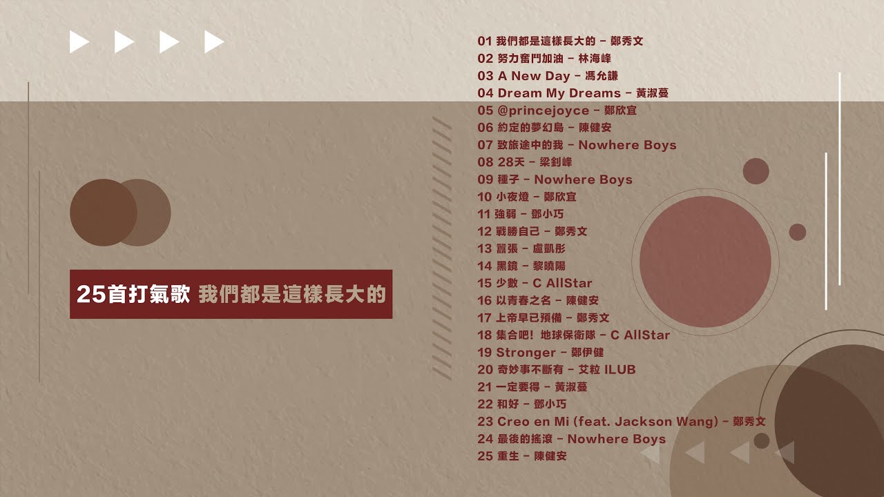 25首打氣歌 我們都是這樣長大的 可選擇歌曲 努力奮鬥加油 約定的夢幻島 致旅途中的我 戰勝自己 囂張 上帝早已預備 集合吧地球保衛隊 重生 Youtube 25首打氣歌 我們都是這樣長大的 可選擇歌曲 努力奮鬥加油 約定的夢幻島 致旅途中的我 戰勝自己 囂張 上帝早已預備 集合吧地球保衛隊 重生 Youtube
