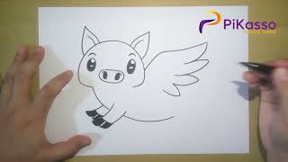 Funny Flying Pig Easy Drawing Tutorial