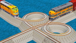 Train vs Train vs Impossible Double LOOP track Crossing - BeamNG.Drive