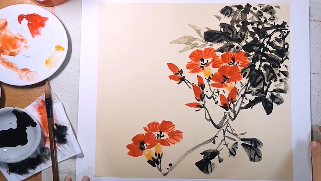 Chinese watercolor painting in morning glory flower - YouTube