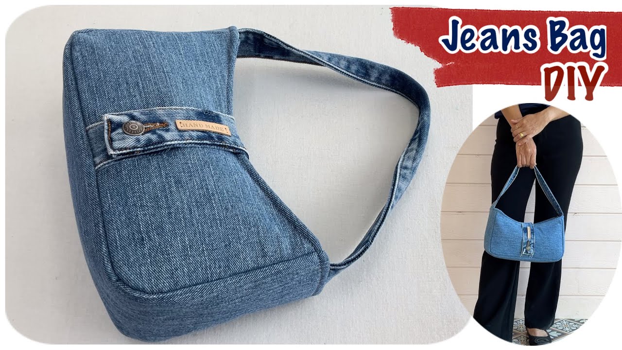 How to sew denim shoulder bag from jeans scrap , Sewing diy denim shoulder pouch bag tutorial