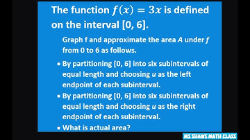 Approx area under graph y= 3x on [0, 6] by partitioning into six sub intervals. Left right endpoint
