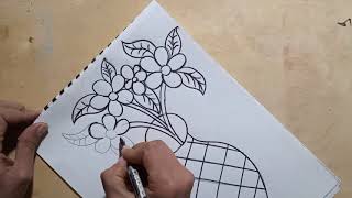 رسم مزهرية// طريقه رسم مزهرية ورد بالقلم بالرصاص وألوان الشمع 🌳Draw a flower vase step by step