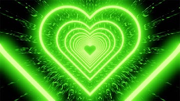 Neon Tunnel of Green Hearts on a Mirrored Black Background. 4K Video Loop