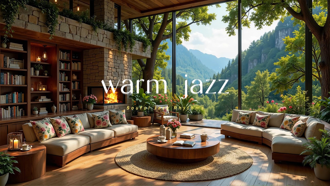 Warm Jazz In A Forest Living Room | Gentle Jazz Piano With Nature Ambience For Reading, Focus