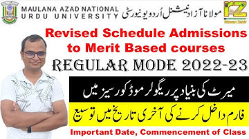 Revised Schedule Regular Mode Admission 2022-23, Merit-Based Courses, #MANUU #Urdu #RizwanZahir