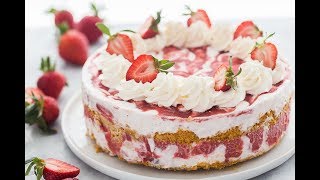 This strawberry shortcake ice cream cake is a show-stopping dessert!
made with crushed shortbread cookies, cream, and hom...