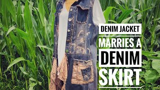 SOLD-Upcycled denim jacket and skirt!
