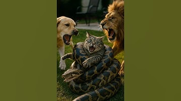 A puppy rescuing a kitten caught by an animal—Cat Escapes Snake Attack