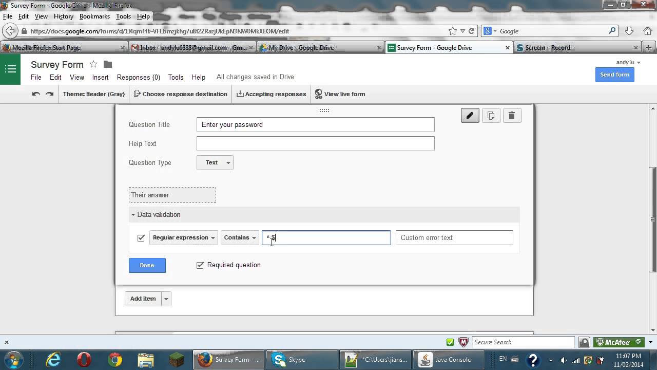 Google survey form creation and password protection