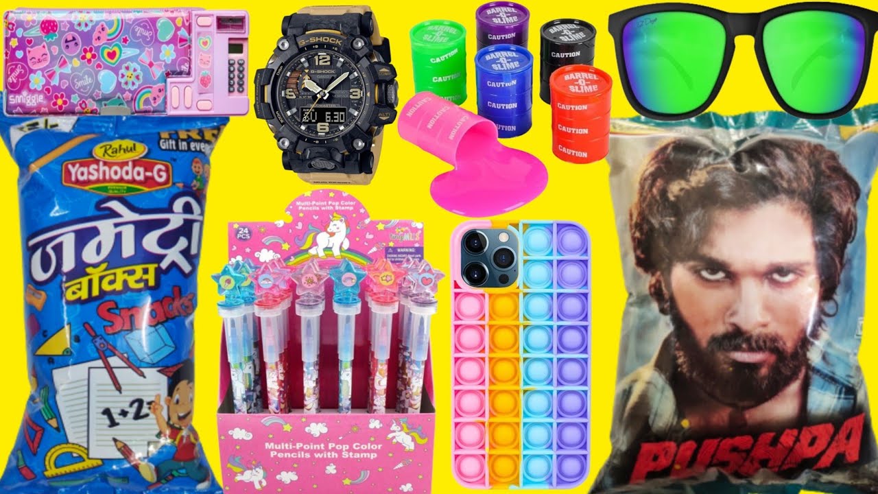 Geometry Box Snacks😍Vs Pushpa Snacks😍With Free Gifts & Toys Inside.Slime, Pen,Watch