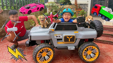 Changcady cùng em tu bi giải cứu xe cẩu múc cát, xe công nông chở máy xúc, xe tải chở ô tô đồ chơi