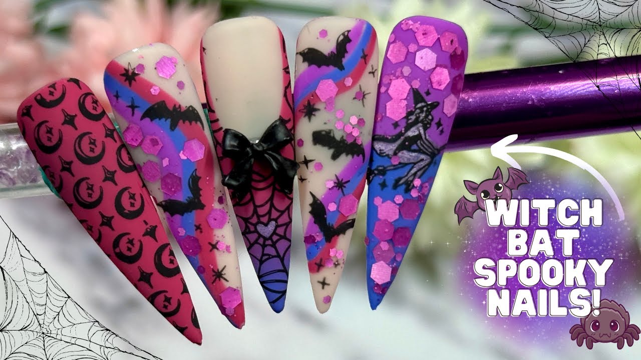 GLITTER WITCH, BAT & SPIDER WEB NAIL ART TUTORIAL| HALLOWEEN NAILS| EASY STEP BY STEP| DIY AT HOME