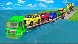 Triple Flatbed Trailer McQueen Transportation with Truck - Speedbumps vs Cars vs Train - BeamNG #28