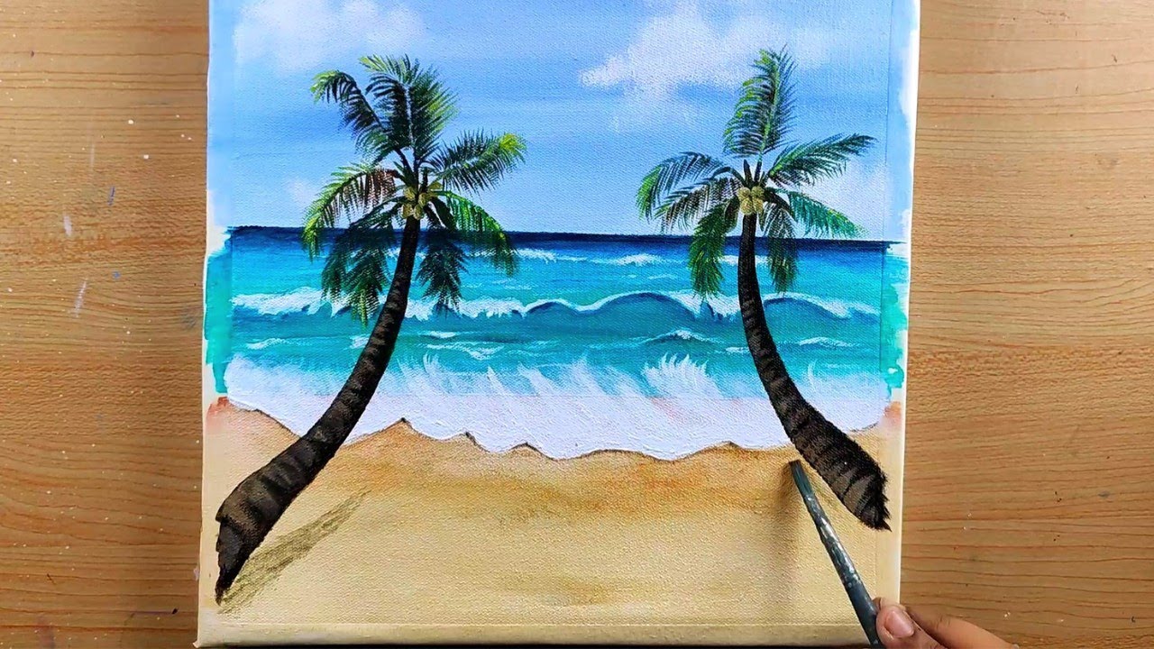 Seascape Painting | Palm Tree Beach Painting Tutorial | Acrylic Painting