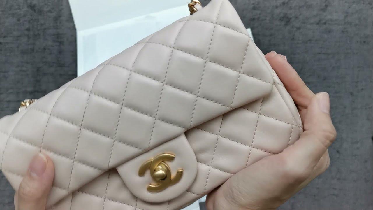CHANEL 22C unboxing l mini pearl crush handbag in light beige NG120 GHW +  twilly slim bandeau 