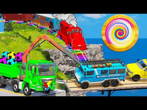 Flatbed Trailer Truck Rescue - Cars vs Rails and Train - Cars vs Massive Water Pit | BeamNG Drive
