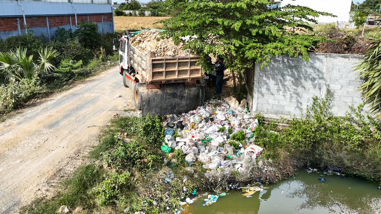 First Start Amazing Project!! Landfill Delete Garbage In Flooded Area By Dozer Pushing Rock Soil