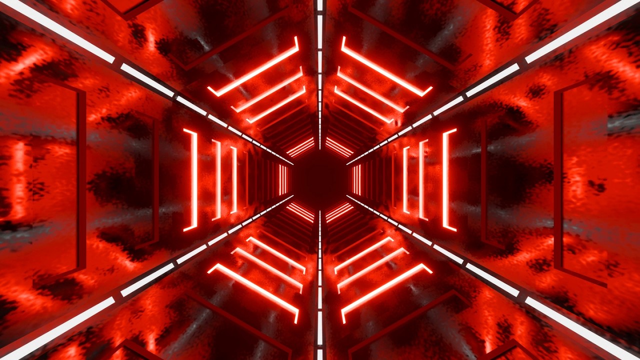 4K Abstract Hexagon tunnel Metallic Red Color Neon Led Light ScreenSaver Background Video
