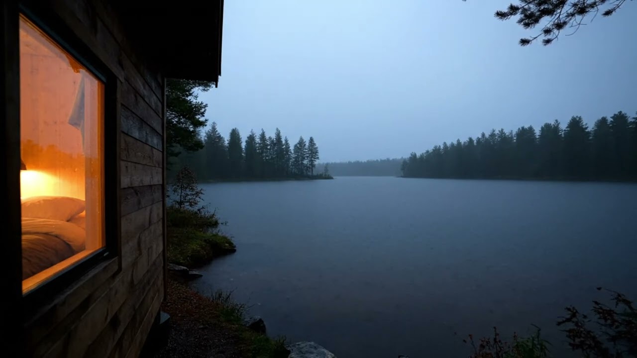 Calm Rain on Quiet Lakeside Cabin at Dusk for Deep Sleep – No Thunder (10 Hours)