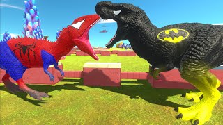 SPIDERMAN GIGANOTOSAURUS vs BATMAN T-REX DEATH RUN - Animal Revolt Battle Simulator