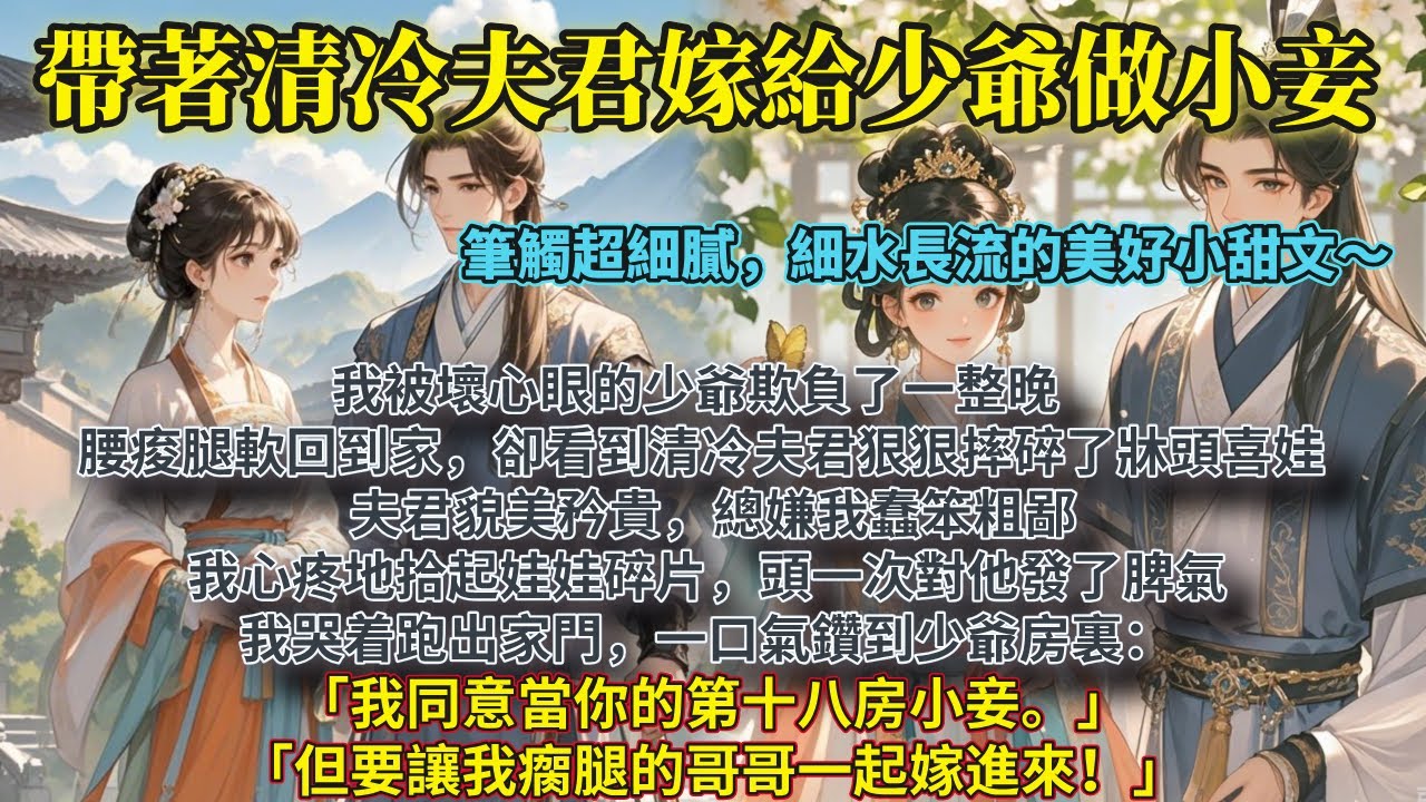 完結溫馨小甜文：我被壞心眼的少爺欺負了一整晚。腰痠腿軟回到家，卻看到清冷夫君狠狠摔碎了牀頭喜娃。我哭着跑出家門，一口氣鑽到少爺房裏： 「我同意當你的第十八房小妾。」「但要讓我瘸腿的哥哥一起嫁進來！」