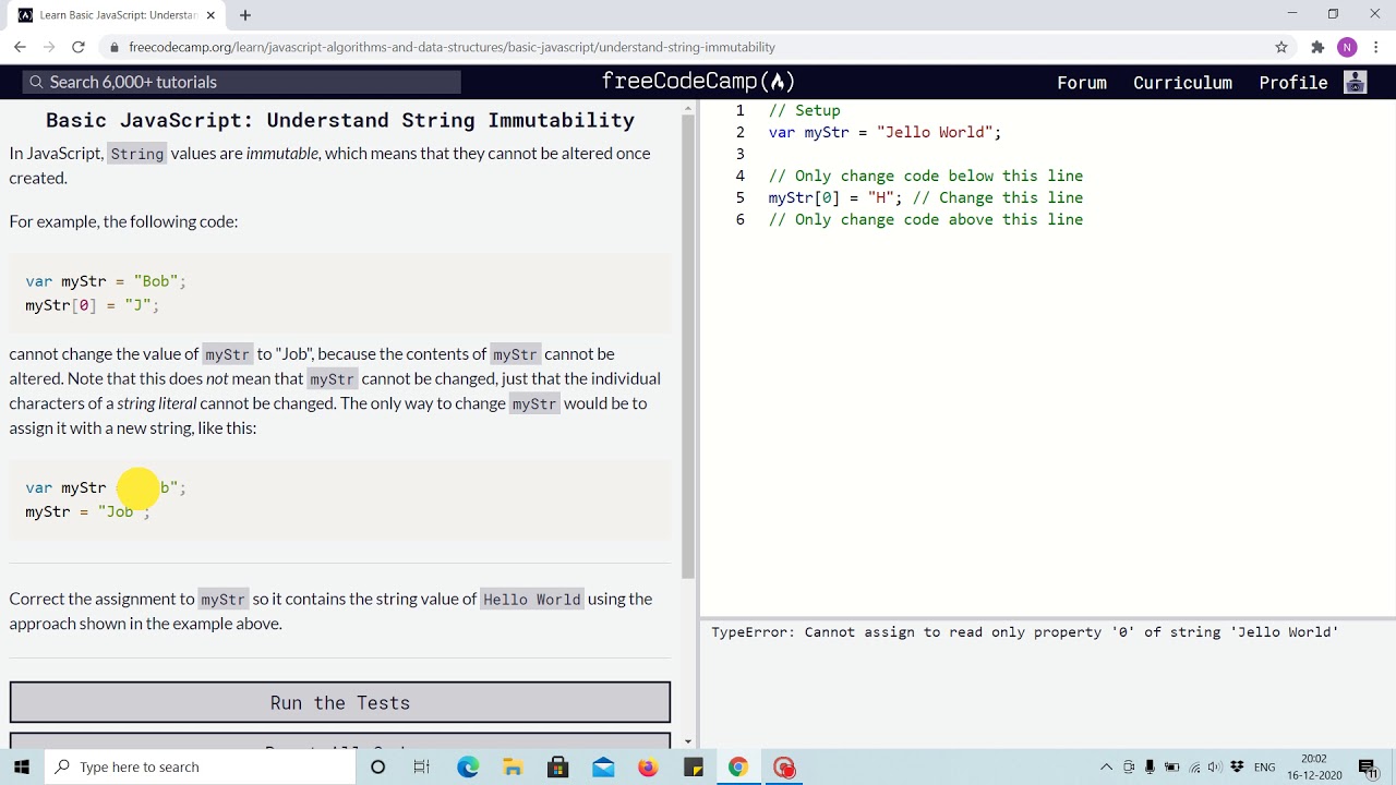 Lesson 32 - understanding string immutability - freecodecamp Lessons ...