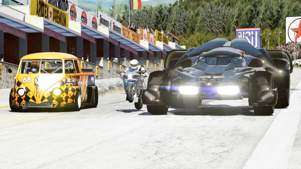 Kawasaki Ninja H2 vs Batmobile vs VW T1 Transporter LM917K at Old SPA