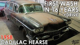 Washing a 1958 Cadillac Hearse for the first time in 16 YEARS! plus first drive!