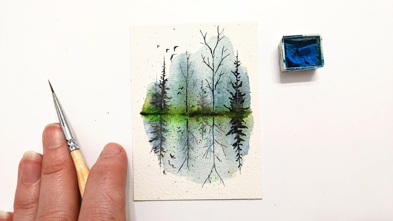 Watercolor Pine forest reflection painting tutorial » How to paint ...