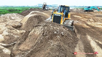 Massive Sand Filling Project by Shantui Bulldozer push sand, Dump Trucks, Wheel Loader,  Excavator