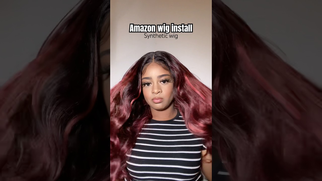 Ombre burgundy highlights loose wave synthetic wig install✨