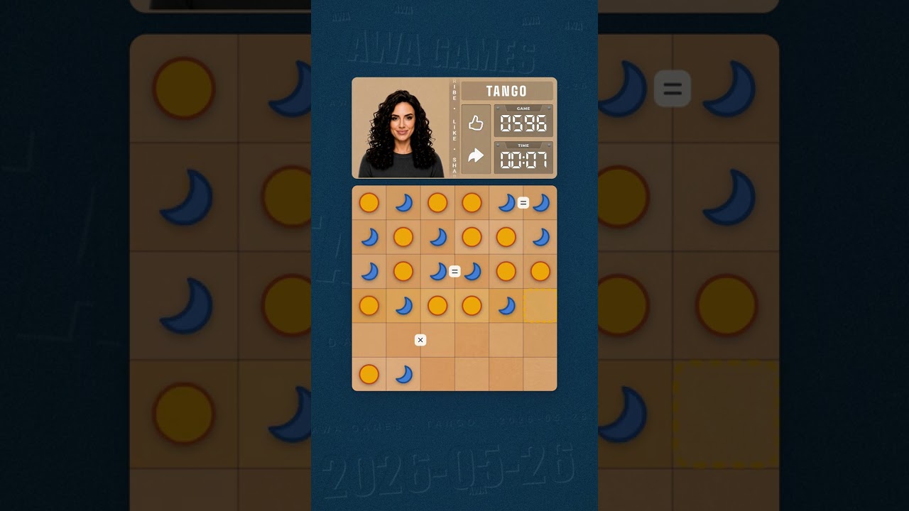 LinkedIn Tango #596 solved board for May 26, 2026, 6x6 grid