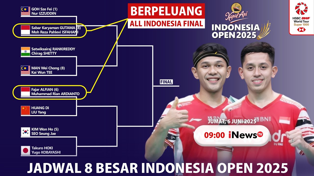 JADWAL & HEAD TO HEAD 8 BESAR INDONESIA OPEN 2025. 𝗚𝗔𝗡𝗗𝗔 𝗣𝗨𝗧𝗥𝗔 ...