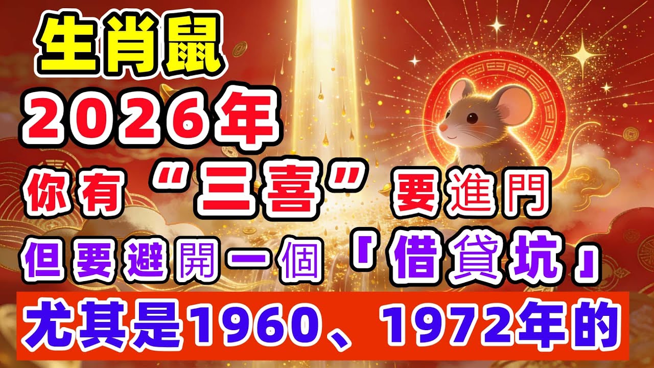 生肖鼠：2026年你有“三喜”要進門！但要避開一個「借貸坑」，尤其是1960、1972年，守住錢袋子才有後半生福氣 |老李說運勢 |2026屬鼠運勢｜屬鼠2026｜子午相沖｜1960屬鼠｜1972屬鼠