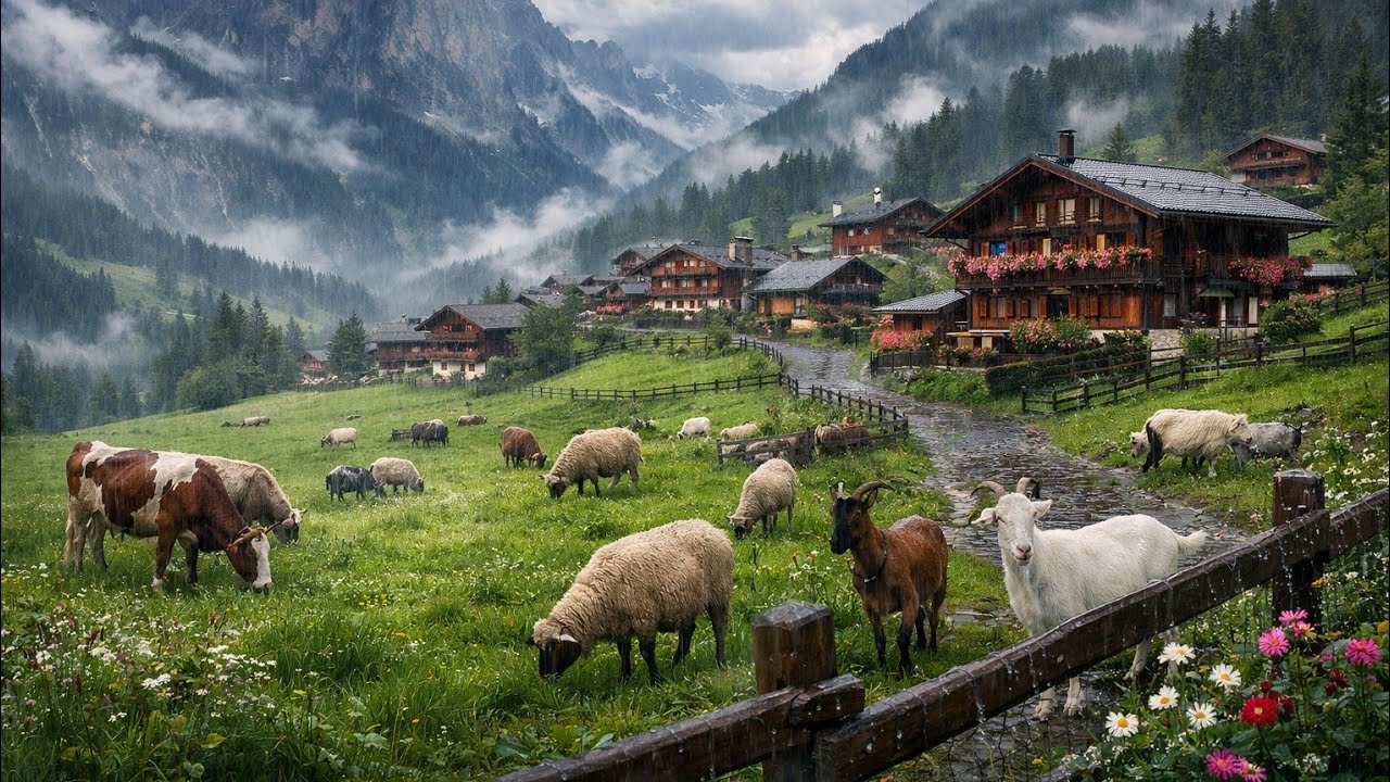 Storm-Kissed Emerald Meadows in a Rainy Swiss Alpine Village