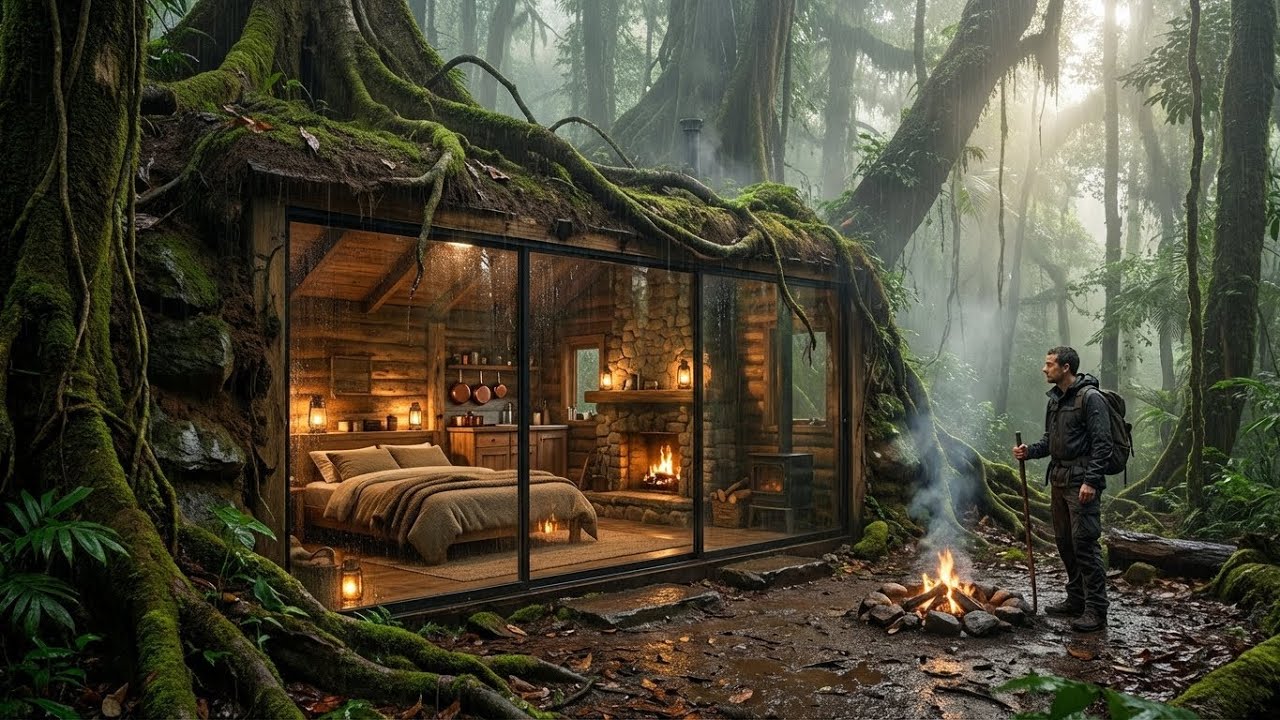 Building a Hidden Glass Cabin in the Deep Forest (ASMR) | Forest Survival