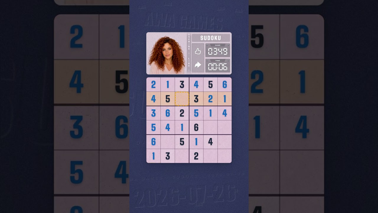 LinkedIn Mini Sudoku #349 solved board for July 26, 2026, 6x6 grid