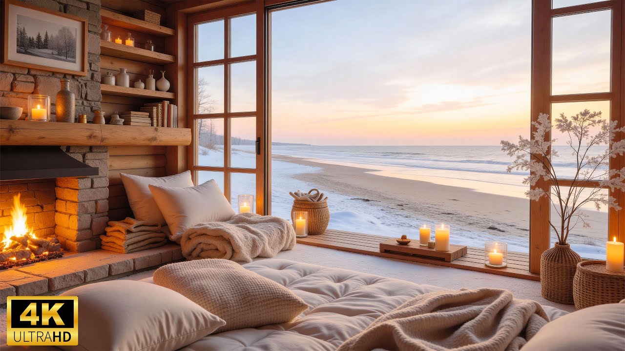 Winter Beach Ambience  - Soft Piano Music with Ocean Waves and Fireplace for Calm & Focus