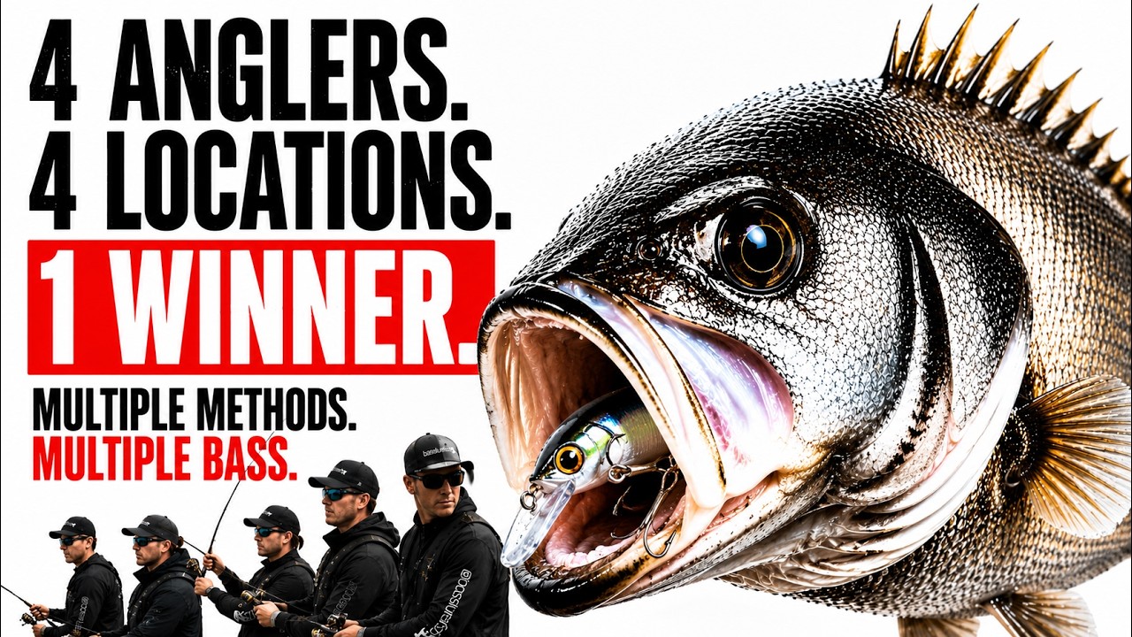 YouTube thumbnail: We Tested 4 Bass Fishing Methods at the Same Time ⭐⭐⭐⭐⭐