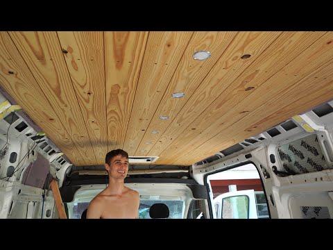 Installing Shiplap Ceiling in the van with remote controlled recessed lights!