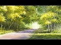 Yellow autumn road watercolor landscape painting
