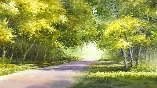 Yellow autumn road Watercolor landscape painting