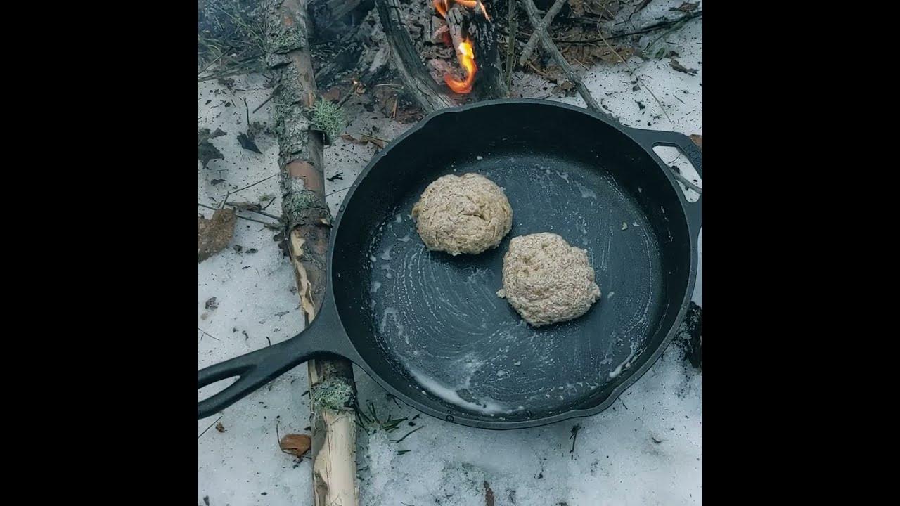 Winter Camping in a Natural Shelter, Cooking Steak & Bannock on Cast