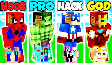 Minecraft: FAMILY SUPERHERO HEAD HOUSE BUILD CHALLENGE - NOOB vs PRO vs HACKER vs GOD in Minecraft