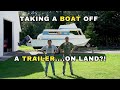 Our FIRST time lifting a BOAT off the trailer on land!  SeaCamper HOUSEBOAT Renovation EPISODE 2