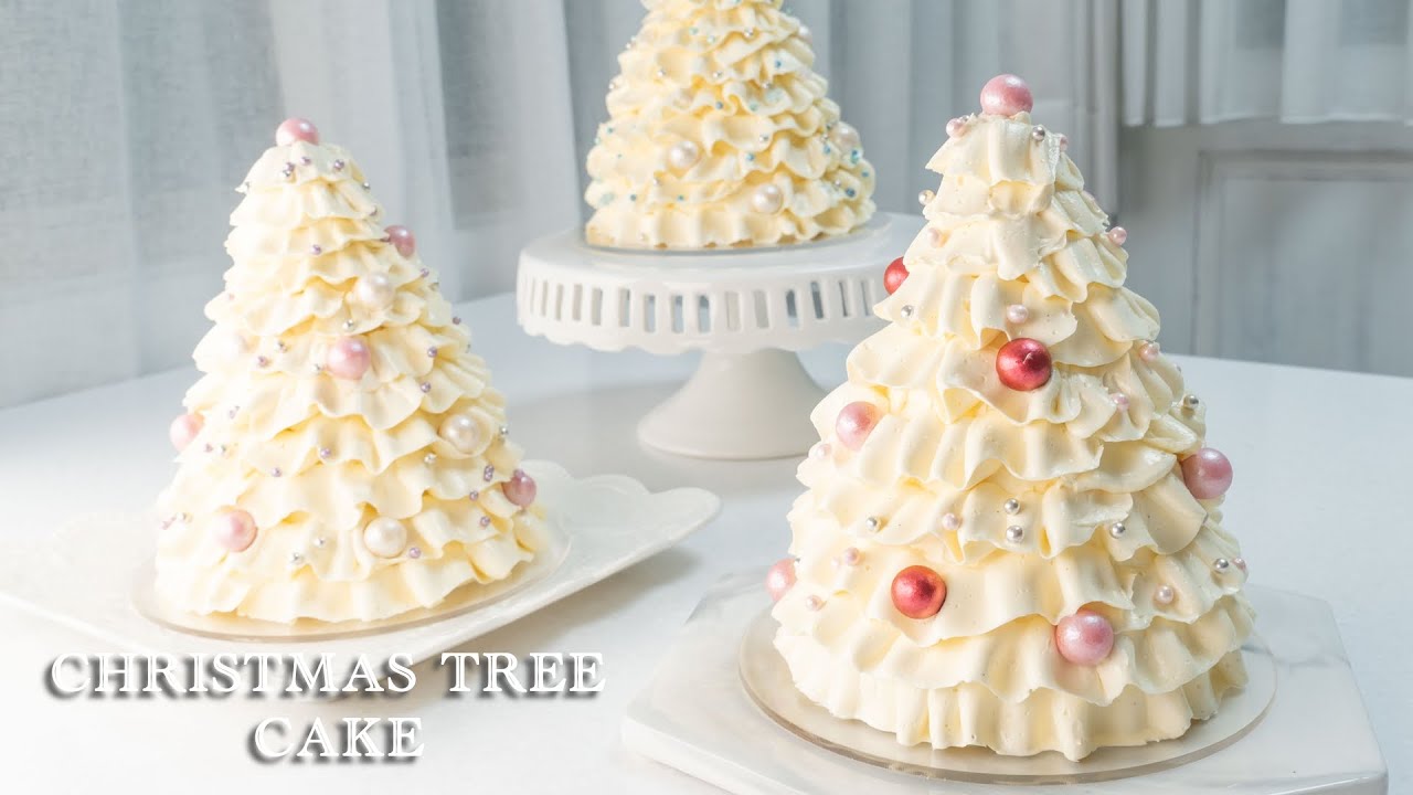 華麗的 白色聖誕樹蛋糕 Elegant Christmas Tree Cake | ASMR