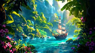 Fantasy Pirate Ship Sounds & Soft Waves | Relaxing Guitar Music 🌙 Night on a Pirate Ship