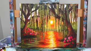 EASY! WILLOW SUNSET 🌅 Acrylic Painting Tutorial For Beginners 