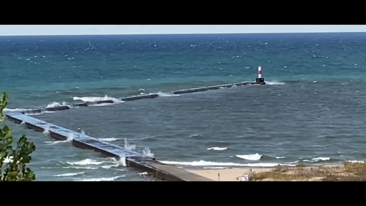 Lake Michigan Waves and Lighthouse at Elberta Beach, Michigan Great